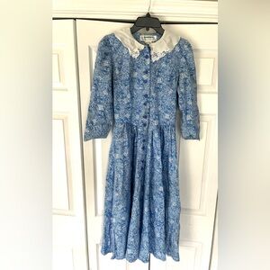Jane Schaffhausen Belle France Dress Women’s Sz 6 Blue Floral 80s Vtg Cotton